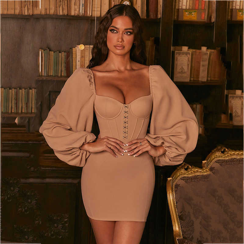 DEAT Women Spring Autumn Arrivals Solid Color Slim Long Lantern Sleeve Square Collar Sexy Temperament Dress MZ037 210709