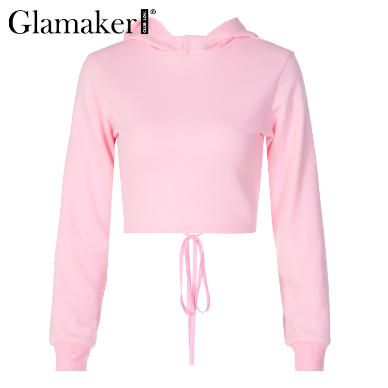 Glamaker Backless pink hoodie sweatshirt women long sleeve bandage streetwear sweatshirt female casual autumn thin Sweatshirts 201217