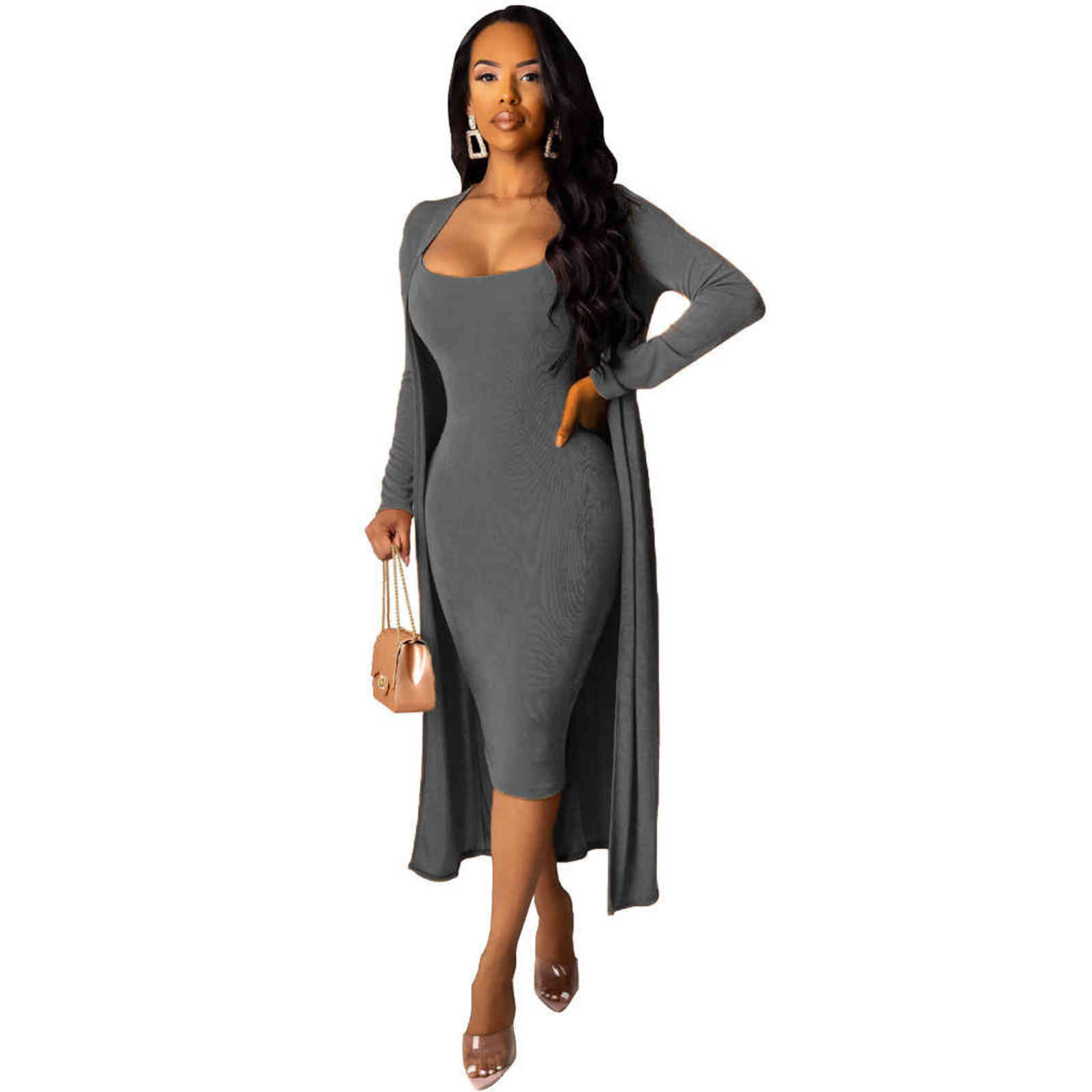 Winter Women Set Sleeveless Strap Dress+long Sleeve Long Cape Night Club Tracksuits Two Piece Suit Street Sexy Bandage YM-8520 211106