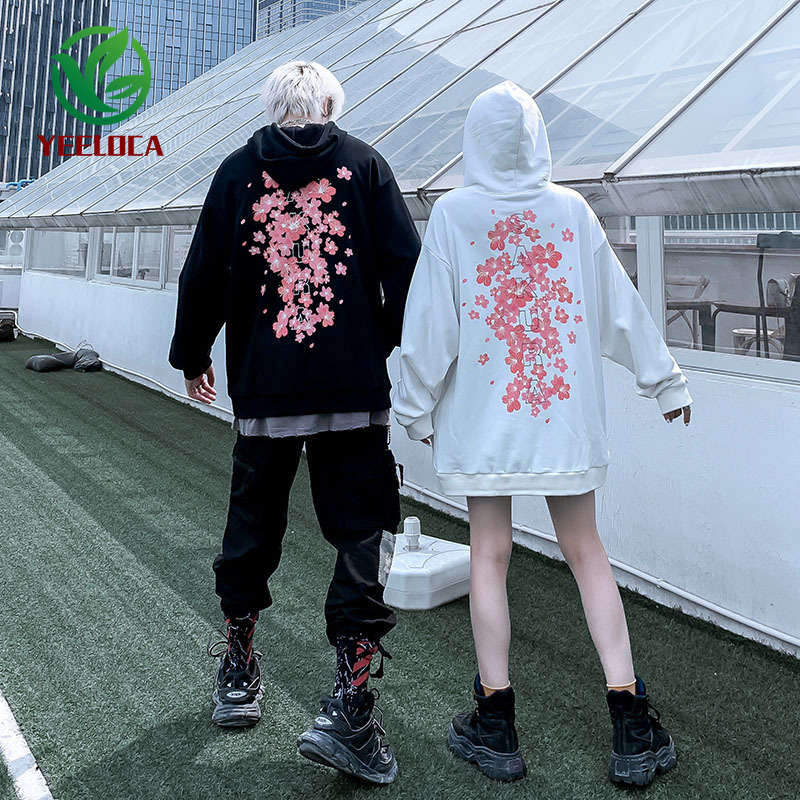 Drop Chinese Style Cherry Blossom Hoodie Oversized Couple High Street Hip Hop Rock Band Sweatshirt Autumn Winter 201020