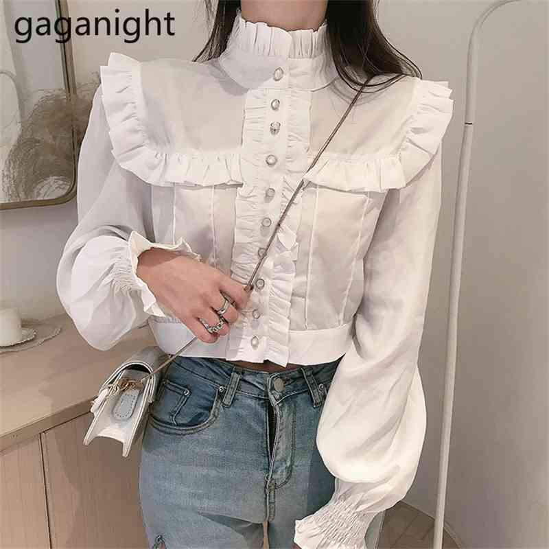 Elegant Office Ruffles Blouses Women Fashion Long Sleeve Stand Collar Cropped Tops Casual White Shirt OL Blusas 210601