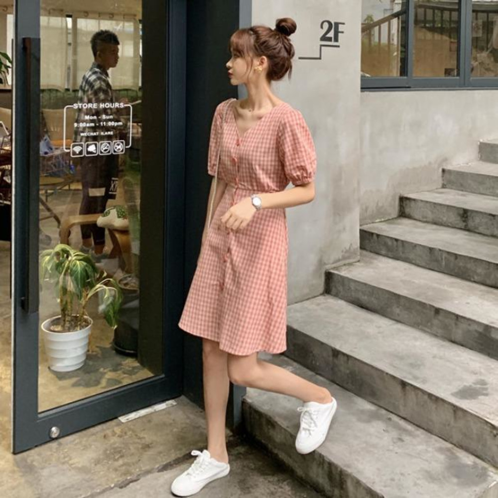Women Plaid Dress V-neck Short Sleeve Loose Fashion Leisure Sweet Korean Style Backless Lace-up Chic Student Ulzzang All-match C0304