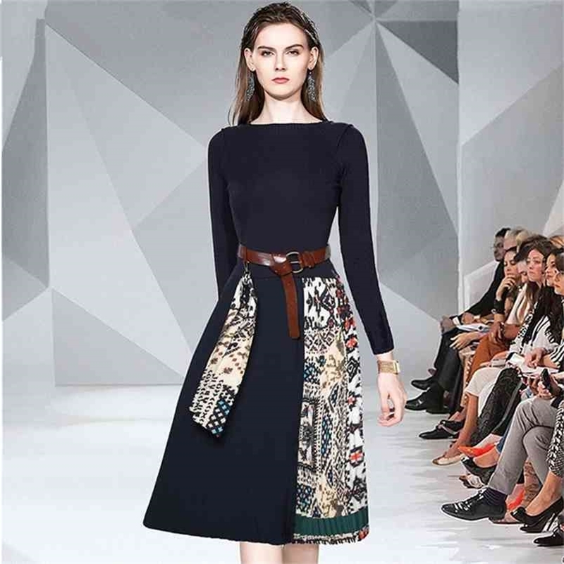 Autumn Winter Vintage Bow knitting Patchwork Printing Pleated Dress Women Long Sleeve Knitted dress Casual 210603, Navy blue
Autumn Winter Vintage Bow knitting Patchwork Printing Pleated Dress Women Long Sleeve Knitted dress Casual 210603, Navy blue