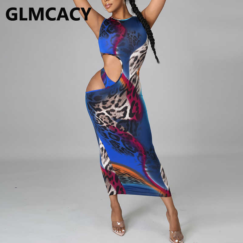Sleeveless O Neck Cut Out Dress Sexy Leopard Slim Maxi Dresses 210702