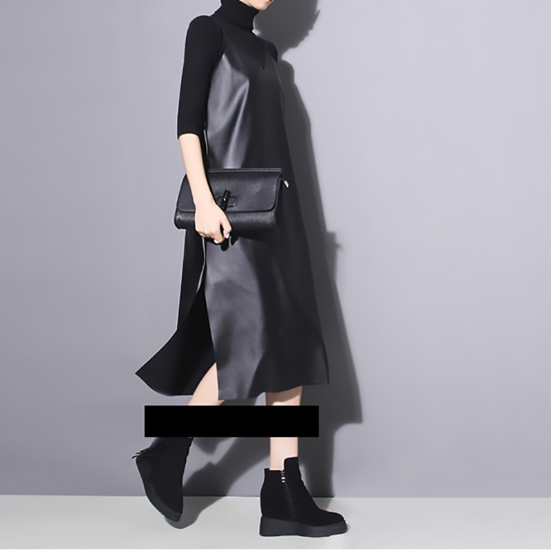 EAM Spring Summer Strapless Sleeveless Black Pu Leather Loose Brief Dres Fashion Allmatch JO287 210309