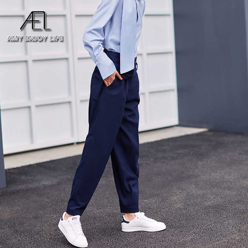 AEL navy blue suit pants woman high waist loose casual sashes office ladies long autumn 211115
