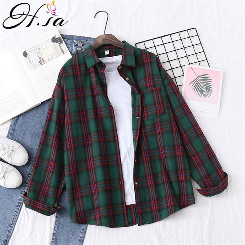 H.SA Women Casual Plaid Shirts Loose Style ladies tops Yellow Blouses Tunic Spring Oversized Blouses and Shirt 210225