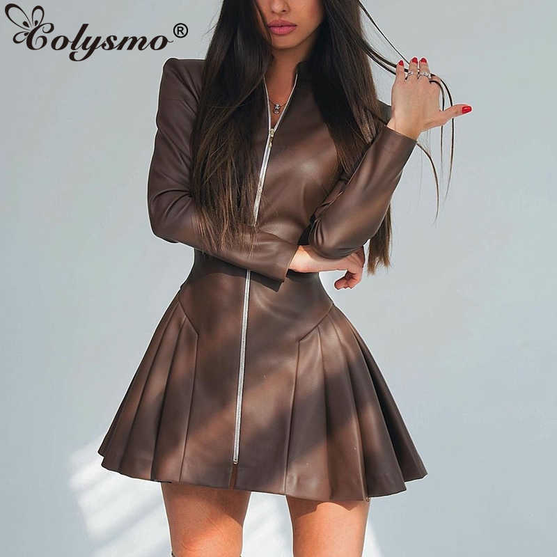 Colysmo Leather Pleated Dress Zipper Long Sleeve Stand Collar Slim Fit Mini Dresses Black Robe Women Sexy Fall Clothes 210527