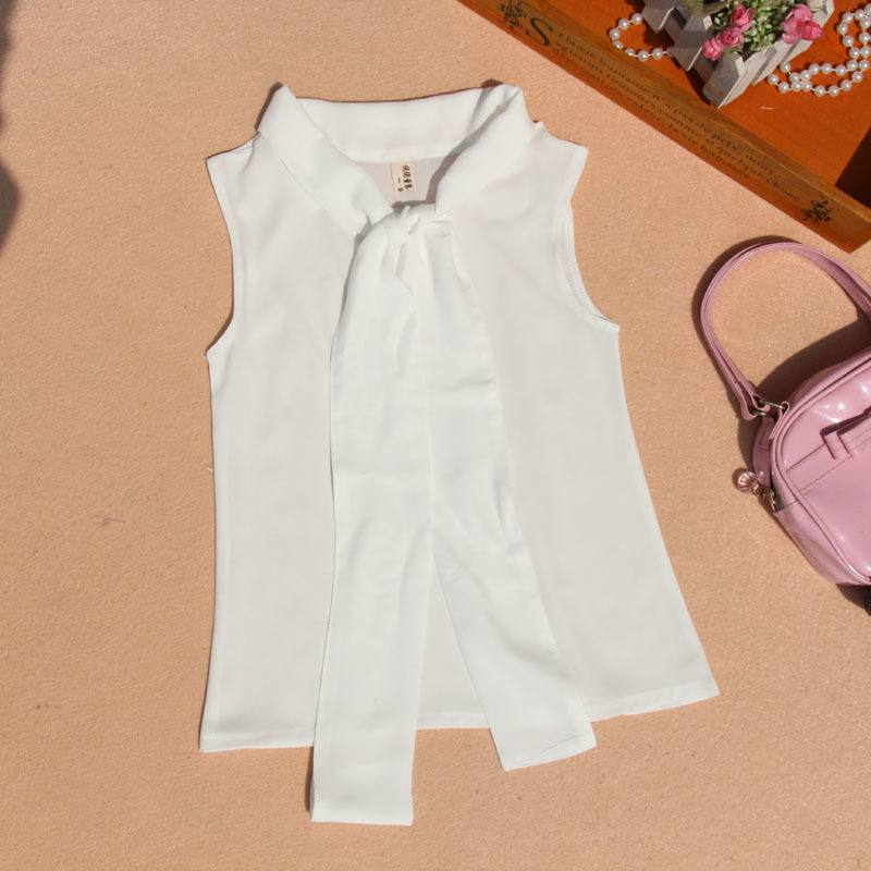 Spring Summer Kids Girls Shirts Chiffon Sleeveless Blouse Teenage Pure Color Bow Top Clothes for Girls Size 10 to 12 Shirts 210306