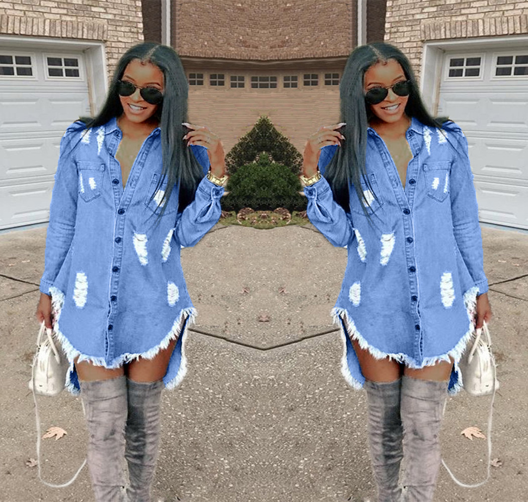 Fashion Womens Hiphop Denim Blue Jean Shirt Dress Female Lady Spring Autumn Ripped Jeans Tassel Girls Dresses Woman Clothes Clothing, As pic
Fashion Womens Hiphop Denim Blue Jean Shirt Dress Female Lady Spring Autumn Ripped Jeans Tassel Girls Dresses Woman Clothes Clothing, As pic