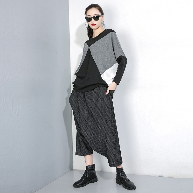 EAM Loose Fit Split Joint Oversized Sweatshirt Round Neck Long Sleeve Women Big Size Fashion Spring Autumn 1D642 201127