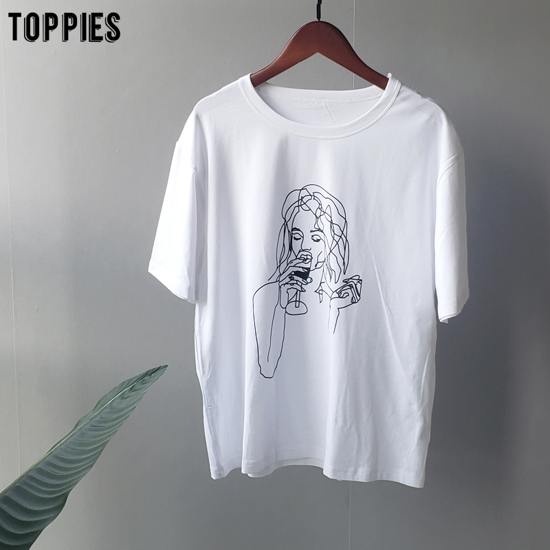 toppies summer t-shirts character printing tops tees solid color white t-shirts women drinking girls tops 210306