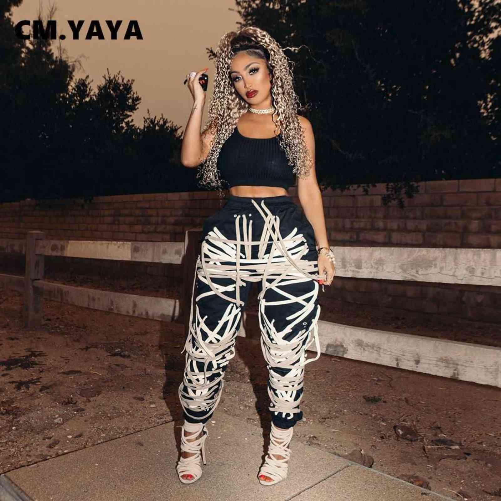 CM.YAYA Streetwear Women Lace Up Strings Pants High Waist Hip Hop Trousers Activewear Sports Jogger Sweatpants 211115