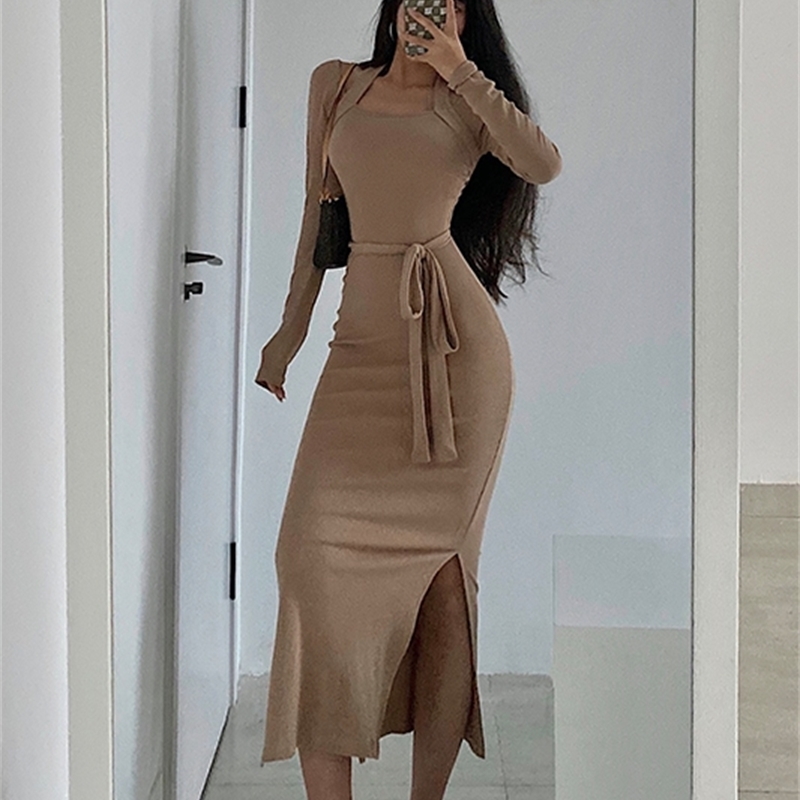 WOMENGAGA Sexy Turtleneck Bandage High Waist Slim Slit Long Sleeve Mid-Calf Dress Robe Dresses 8KLQ 210603