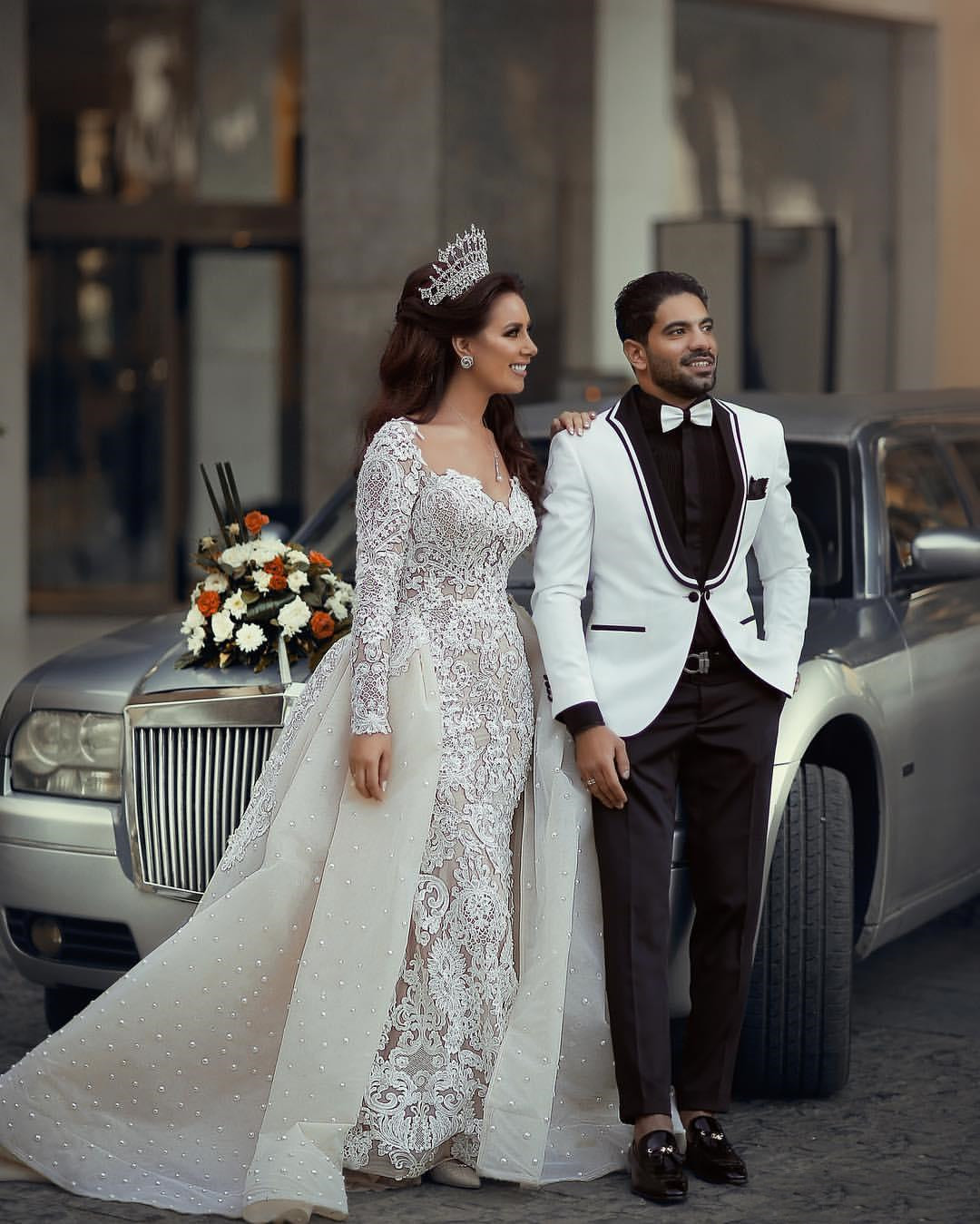 Illusion Long Sleeve Mermaid Wedding Dresses with Detachable Train Luxury Lace Pearls Arabic Aso Ebi Princess Wedding Gown Robes