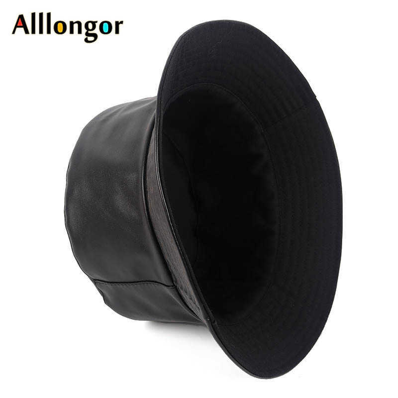 2021 Reversible France Black Leather Folding Women's Bucket Hat Women bob Fishing Hats fisherman Cap Men gorros pescador hip hop H0828