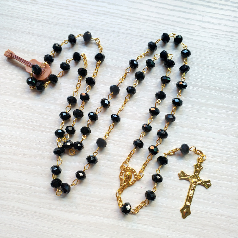 Black Crystal Rosary Necklace Long Gold Jesus Cross Pendant Catholic Religious Prayer Jewelry