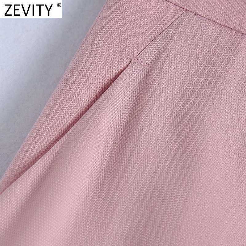 Zevity Women Simply Pink Color Wide Leg Pants Vintage High Waist Office Ladies Zipper Fly Casual Pantalones Mujer P1023 210603