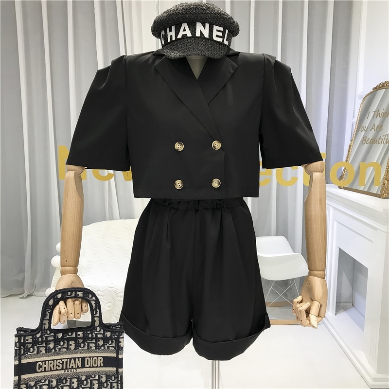 Summer Fashion 2 Piece Sets Womens Outfits Crop Jackets Double Breasted Turndown Collar Streetwear high Waist Shorts