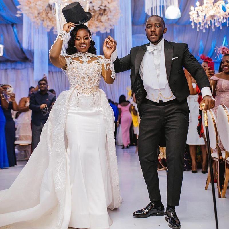 Vintage African Mermaid Dresses Nude ing Sheer Sleeve Lace Beads Overskirt Long Chapel Bridal Gowns Plus Size Wedding Dress