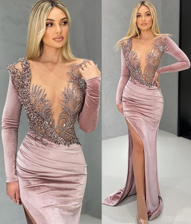 Size Arabic Plus Aso Ebi Urious Mermaid Veet Prom Dresses Beaded Crystals Evening Formal Party Second Reception Birthday Engagement Gowns Dress ZJ 666