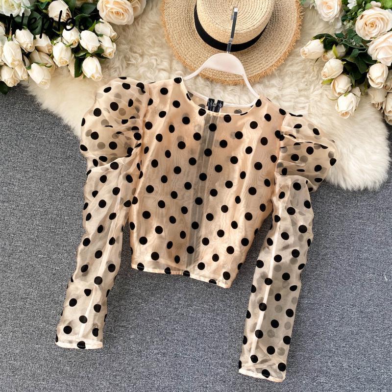 Neploe Retro Chic Polka Dot Puff Sleeve Blouse Women O-neck Zip Panelled Femme Blusas Fashion New All-match Shirt 1F917 210225