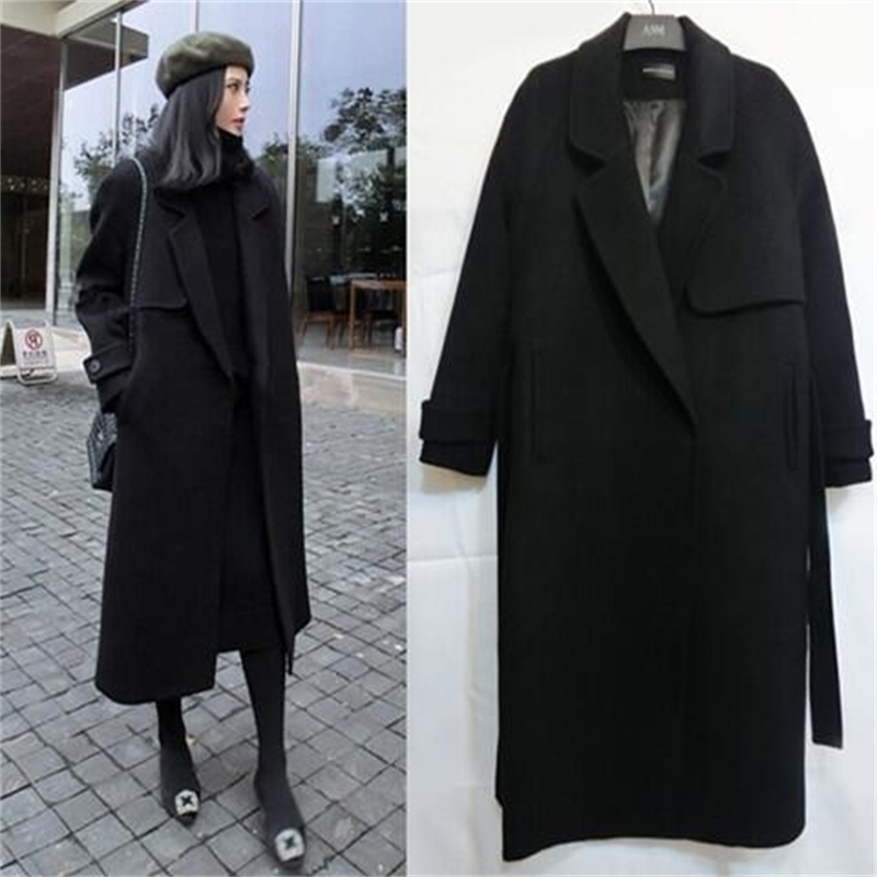 KUEZLE Parkas Spring Woolen Coat Women Long Woolen Coat Female Black Winter Coats Long Outerwear for Women SMLXLXXL T190903
