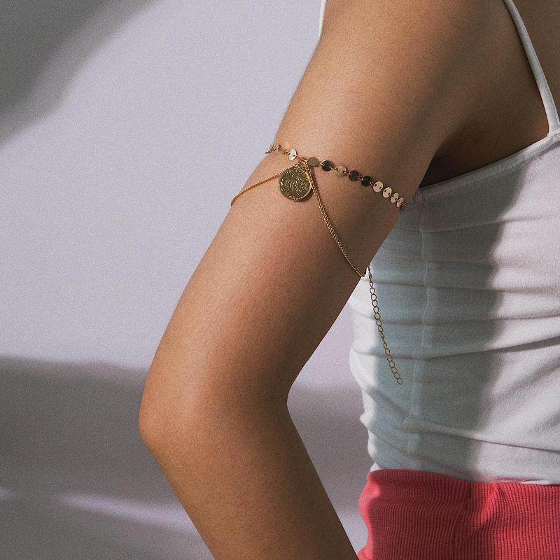 Link, Chain Fashion Coin Sequin Upper Arm Link Bracelet Cuff Charms Bracelets Gold Color Bangles Armband For Women Girl Party Jewelry
