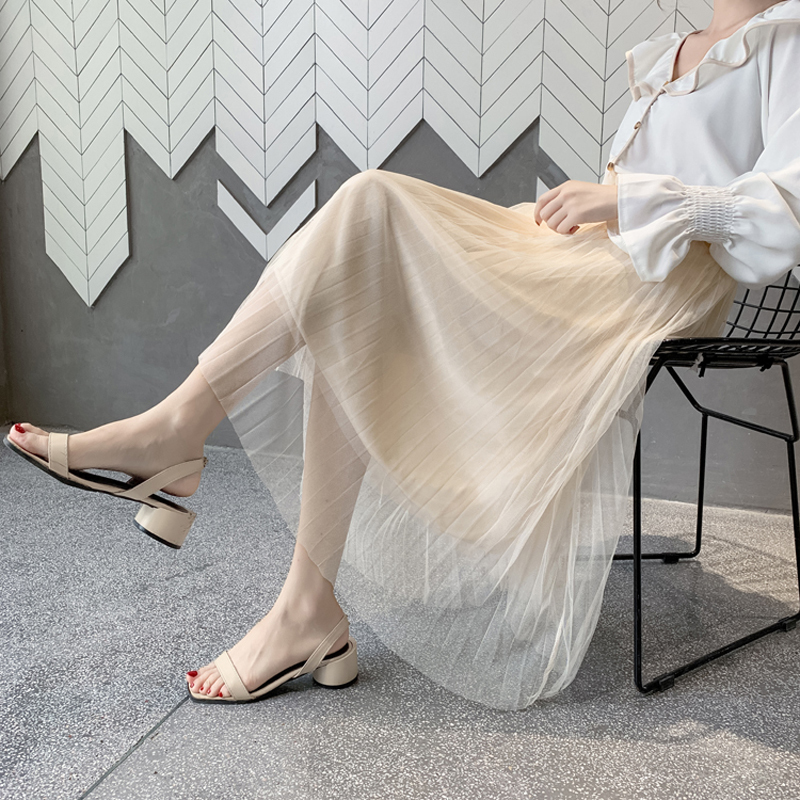 Zoki Women Tulle Skirt Elastic High Waist Mesh Spring Summer Fashion Long Skirt A Line Black Girl Korean Pleated Faldas 210306