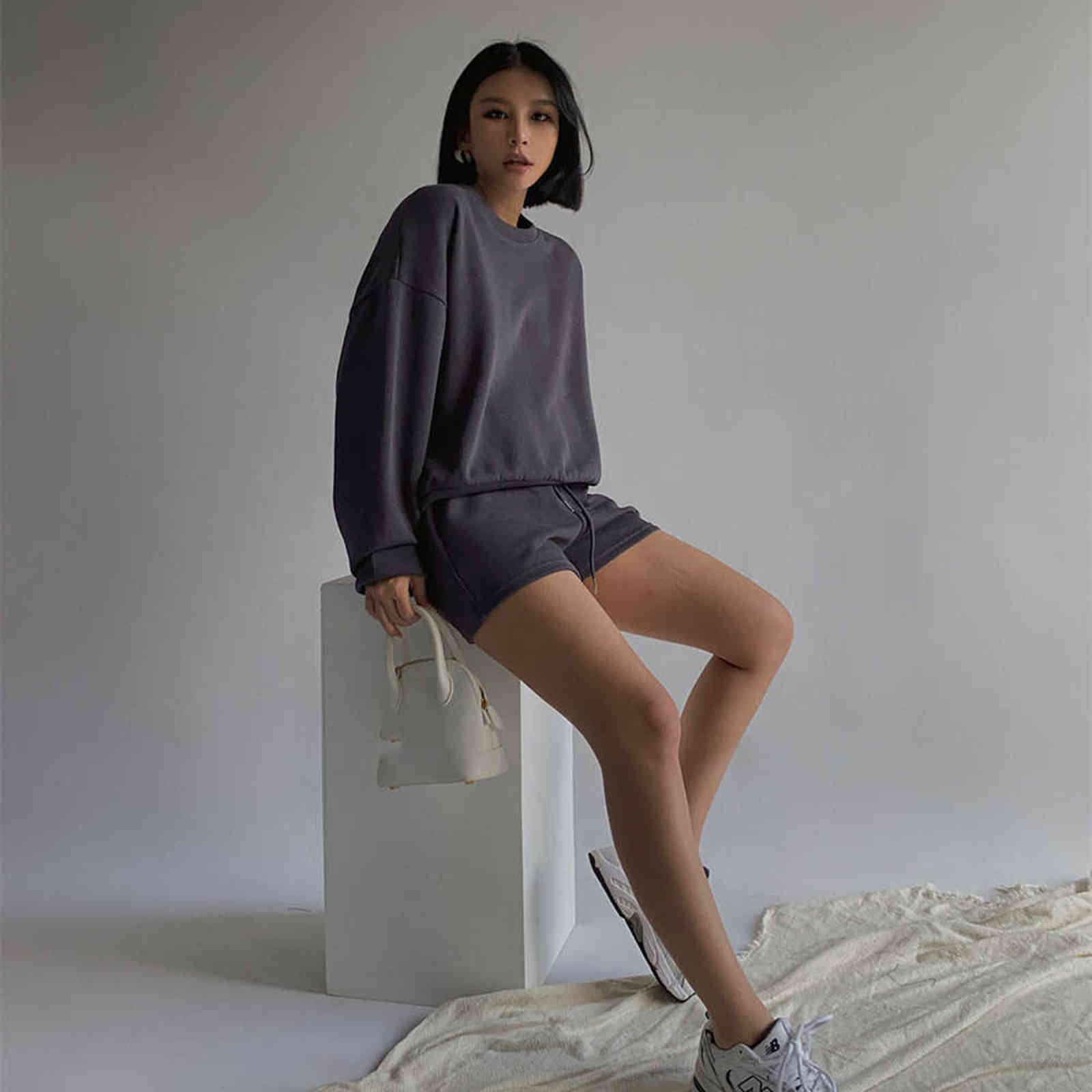 Women High Quality Hoodies Tracksuits 2 Piece Set Summer Autumn Sweatshirt + Sporting Shorts Outfit Solid Pants Suit 211105