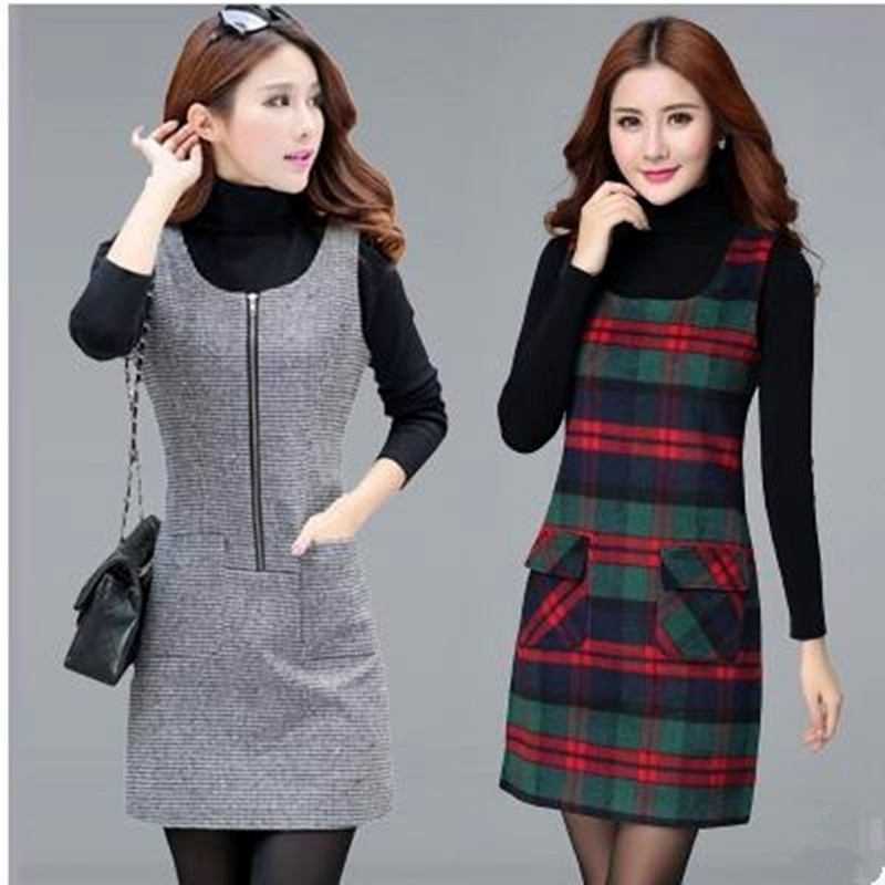 Women dress High quality fashion large multipocket autumn winter dresses primer slim sleeveless wool vest dresses for women 201008
