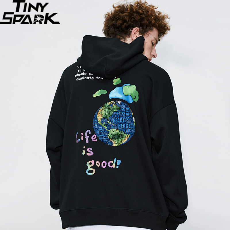 Hip Hop Streetwear Hoodies Sweatshirt Globe Print Men Harajuku Pullover Hoodie Winter Fleece Cotton Autumn Sweatshirt Loose 201020