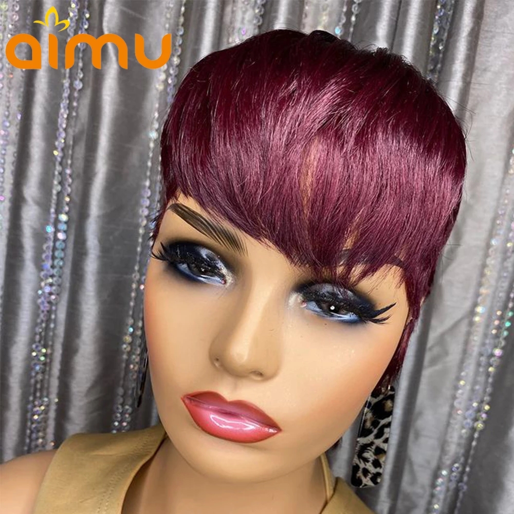 150% Pixie Short Bob Cut Blunt None Lace Front Human Hair Wigs With For Black Women Straight Remy Black /Bury Red /Ombre Blonde Colorwig