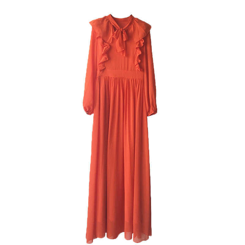 Spring and Summer Fashion V-neck Lace Lotus Leaf Wood Ear Dress Elegant Temperament Lantern Sleeve Long Female 210615