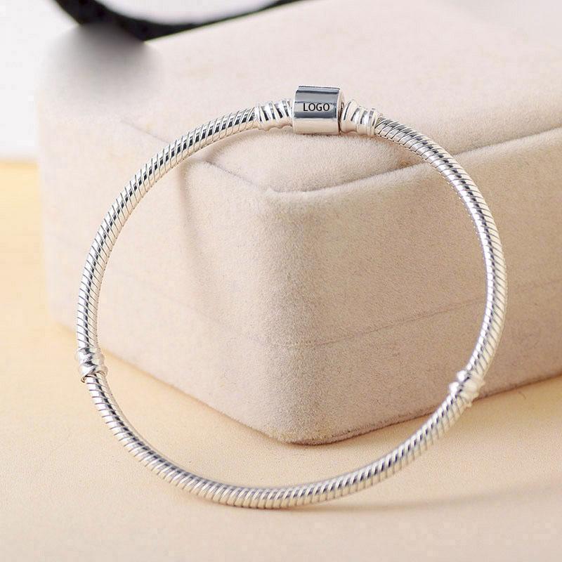 Wholesale Romantic 100% 925 Sterling Bracelet Silver Barrel Clasp Snake Chain Bracelet Fits For European Bracelets Charms and Beads