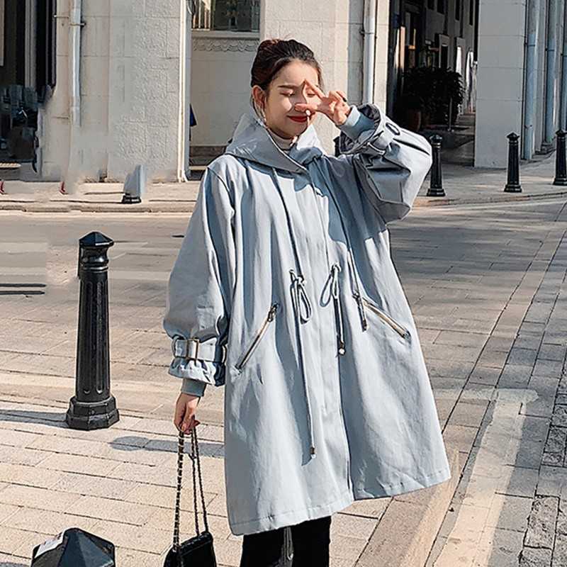 Genayooa Big Size Jacket And Coat For Women Sweet Candy Color Hooded Trench Femme Loose Long Sleeve Drawstring Windbreaker Chic 210527