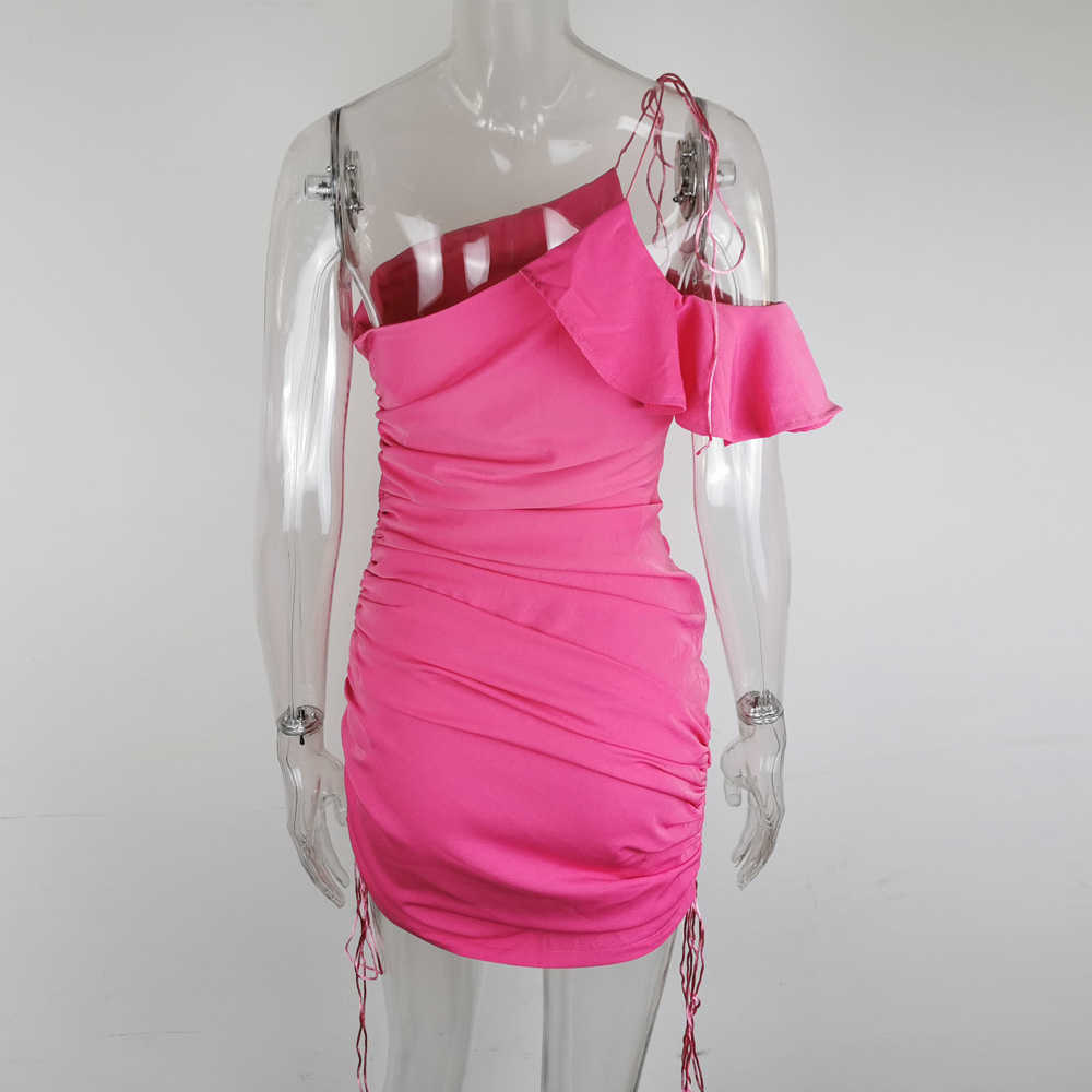 DEAT Women Drawstring Ruffles Dress Diagonal Collar Sleeveless Arrivals Lady Sexy Temperament Fashion Spring Summer 210709