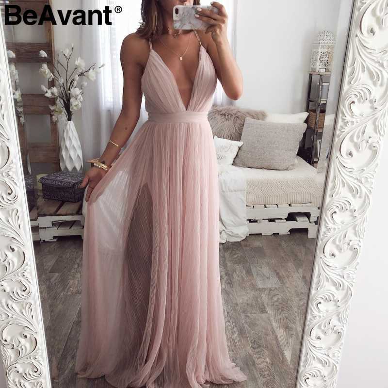 BeAvant Sexy evening party lace dress women Elegant v neck high wiast mesh summer dresses Night club ladies pink long vestidos 210709
