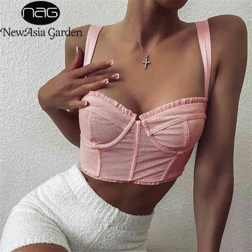 Asia Underwire Mesh Corset Women Sexy Boned Push Up Padded Crop Tops Summer Ruffles Back Single-Breasted Bustier Pink 210625