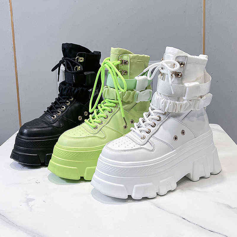 Rimocy Green Punk Chunky Platform Motorcycle Boot Autumn Winter Gothic Shoes Woman Thick Bottom Lace Up Ankle Botas Mujer 211105