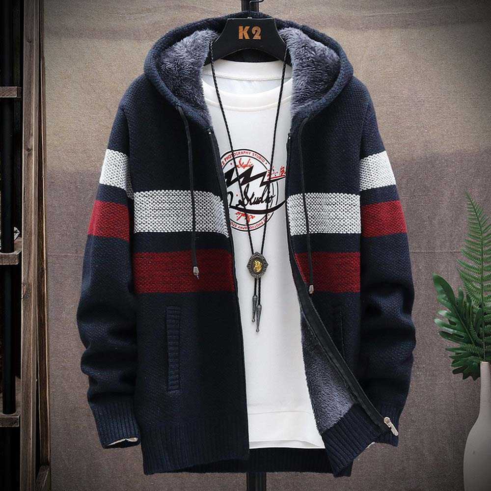 FALIZA Men's Striped Sweater Coat Thick Fleece Warm Zipper Wool Hooded Cardigan Jumpers Men Long Sleeve Knitted Sweaters XY110 210820