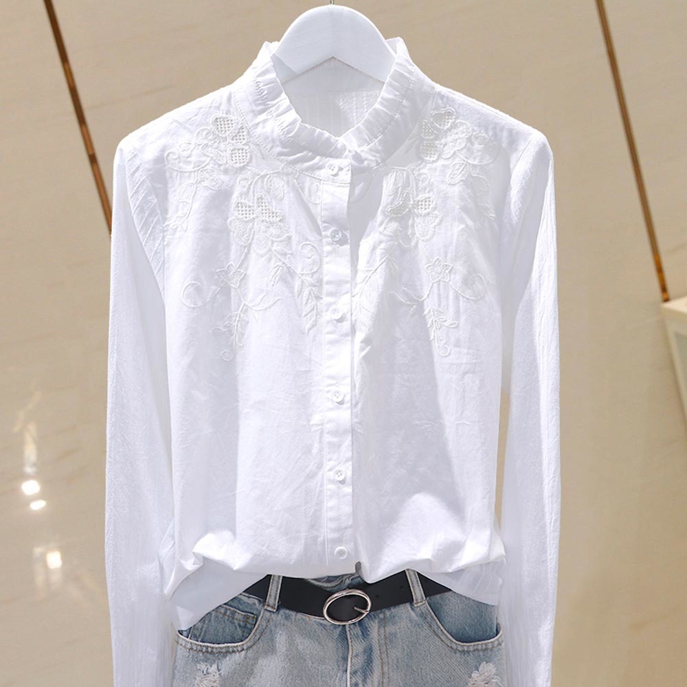 Summer Blouse Women Shirt Tops Cotton Korean Style Floral Embroidered Pleated Ruffle Stand Collar Casual Plus Size Clothes 210225