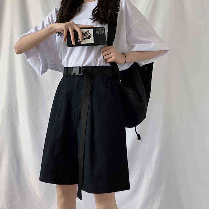 Seoulish Summer Women Casual Cargo Half Pants with Belted High Waist Chic Wide Leg Pant Elegant Loose Trousers Pocket 211115