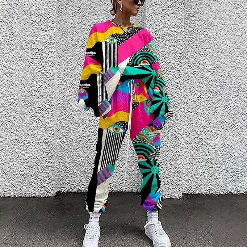 Women Tracksuit Two Piece Pullovers Cloting Long Sleeve Tie-dye Print Female Tops And Elastic Waist Pants Slim Casual Streetwear 210709