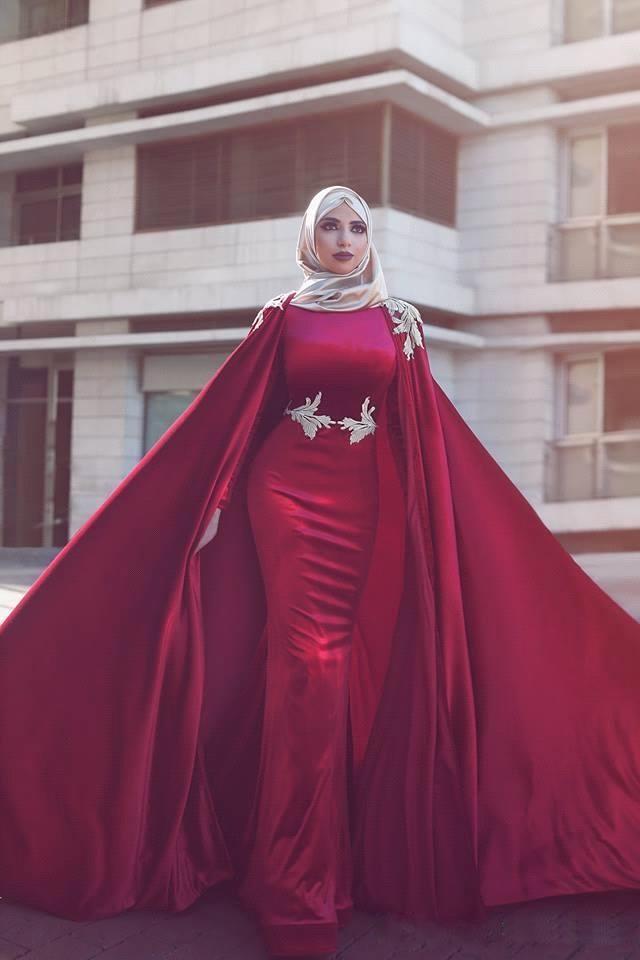 Modest Red Mermaid Muslim Formal Evening Dresses With Hijab Long Wrap Morocco Kaftan Special Occasion Gowns Arabic Dubai Satin Celebrity Party Dress F