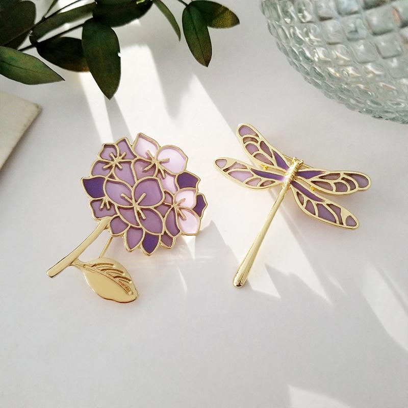 Pins, Brooches Purple Lilac Dragonfly Enamel Pin Spring Scarf Brooch Bag Clothes Lapel Elegant Flower Jewelry Gift For Wife Lover