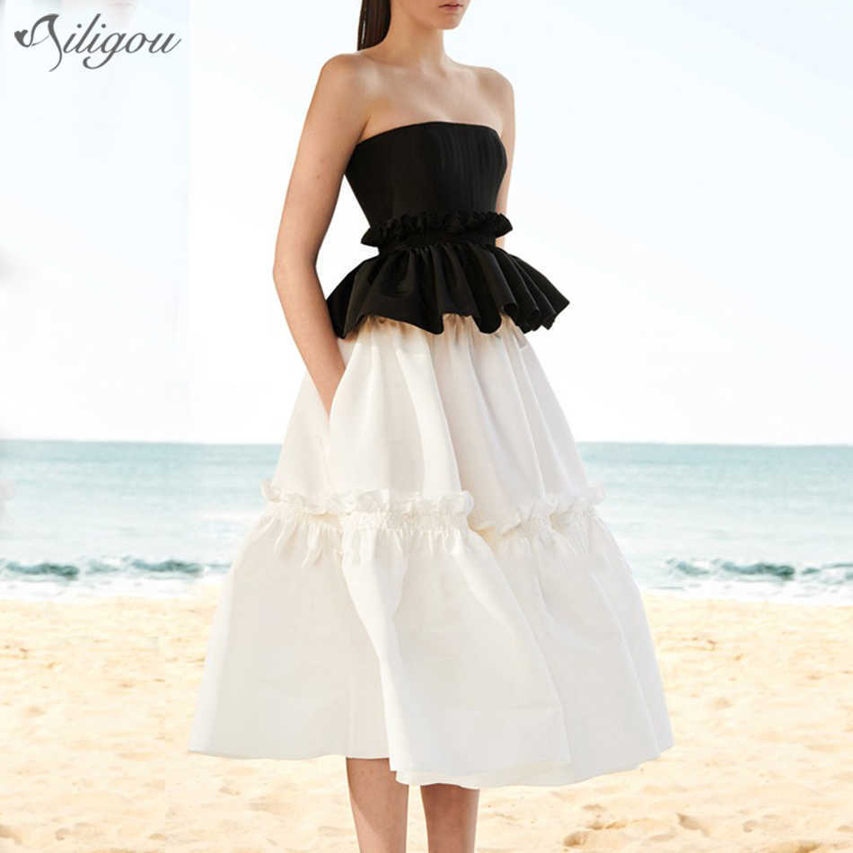 Chic Women's Patchwork Ruffled Pleated Temperament Dress Strapless Sleeveless Loose Fit Fashion Summer 210527