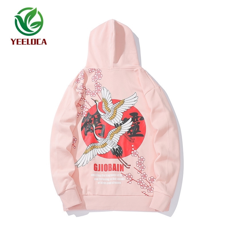 Autumn Winter Dropshipping Chinese Style Crane Crane Cherry Hoodie Oversized Cotton Hip Hop Rock Band Sweatshirt 201020