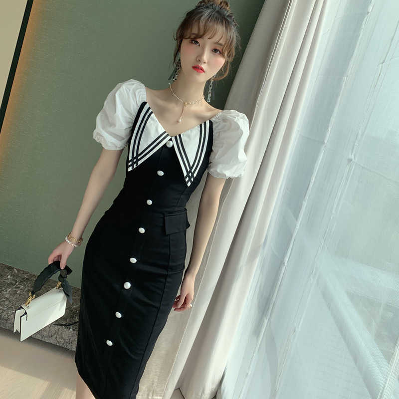 summer women's fashion two wear black and white doll collar slim package hip dress Office Lady Knee-Length 210603
summer women's fashion two wear black and white doll collar slim package hip dress Office Lady Knee-Length 210603