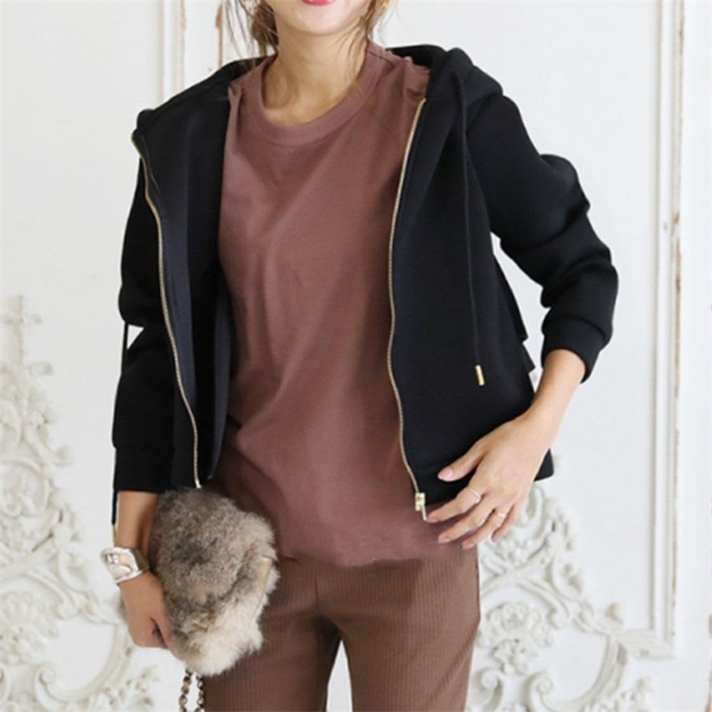 Autumn Women Hoodie Japan Style Ruffles Short Coats Zipper Hooded Falbala Solid Outwear Japan Ladies Sweatshirt Casual Top 201209